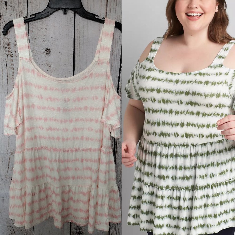 Lane Bryant | White & Pink Tie Dye Cold Shoulder Peplum Max Swing Top